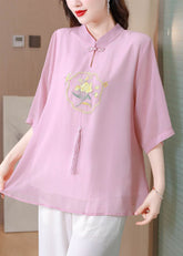 Bluse aus Seide im chinesischen Stil mit rosa Quasten und Stickereien, Halbarm